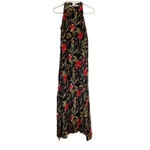 Papillon Blanc Red and Green Tropical Floral Halter Maxi Dress